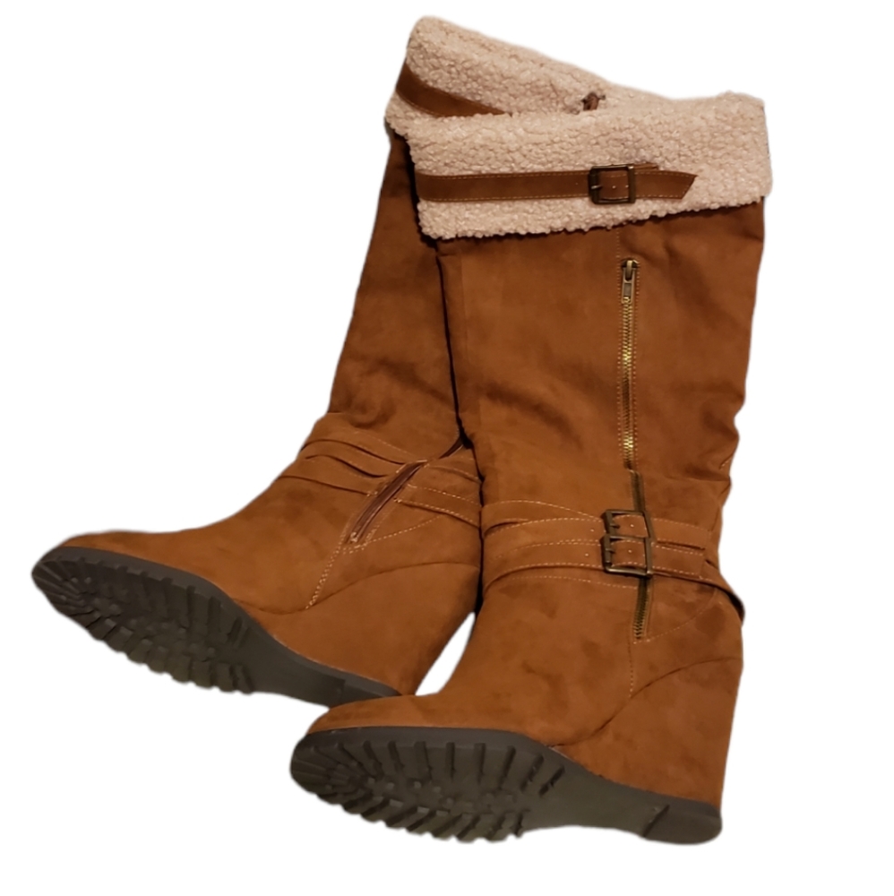 JustFab caramel brown wedge boots size 10